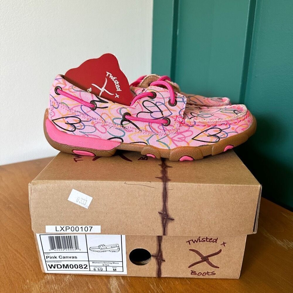 Twisted X Women's Pink Canvas Pink Hearts Driving Moc Casual Shoe